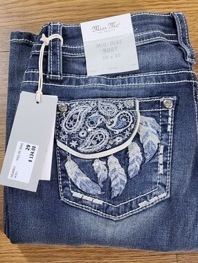 NEW Miss Me 29x32 Mid Rise Boot Girls Womens Dreamcatcher Blue Denim Jeans